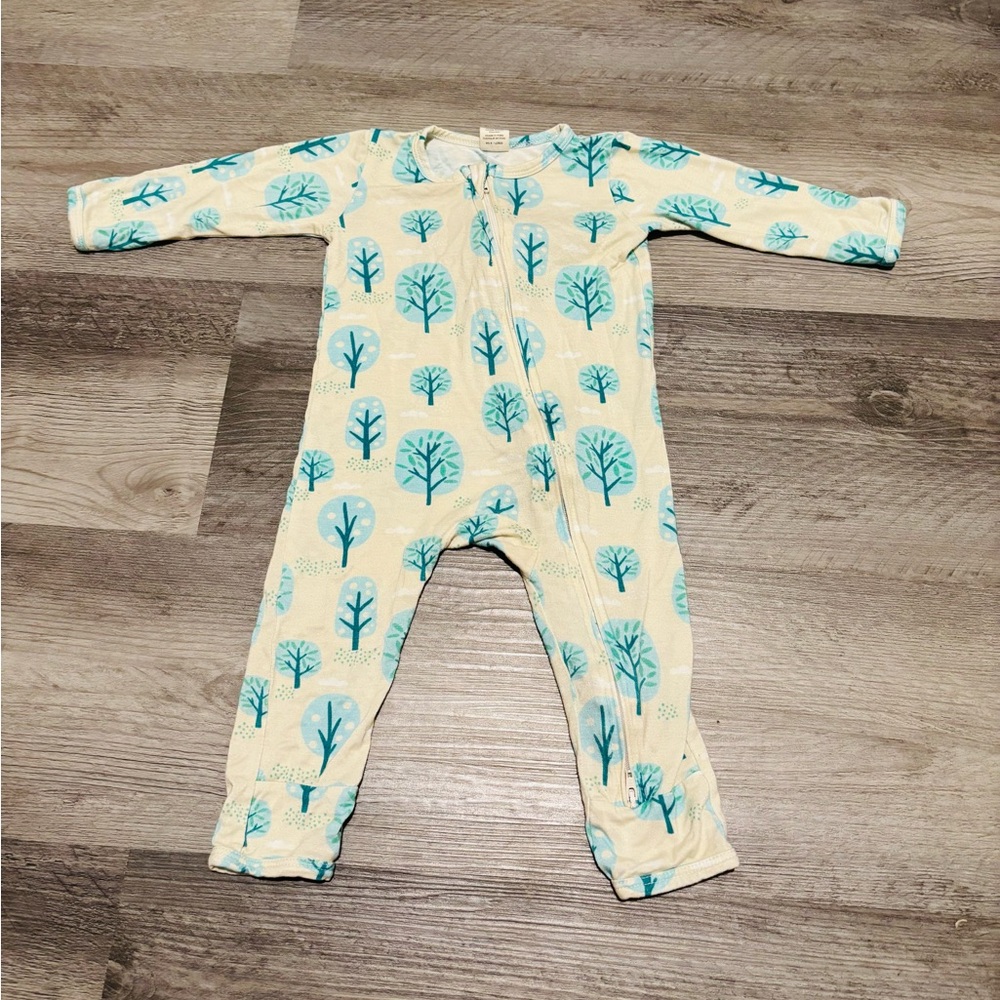 Larkspur Soft Cream baby sleeper romper One-Piece with Teal Trees Print 6-12 Mo